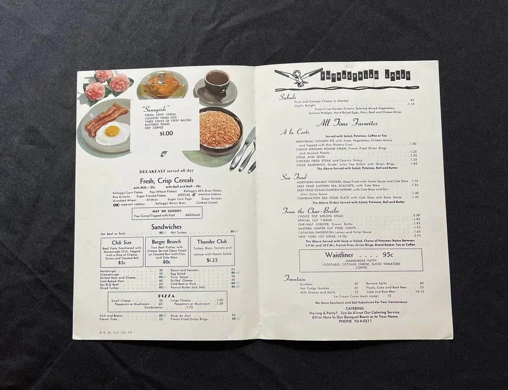 1959 Vintage Menu Thunderbird Lanes Bowling