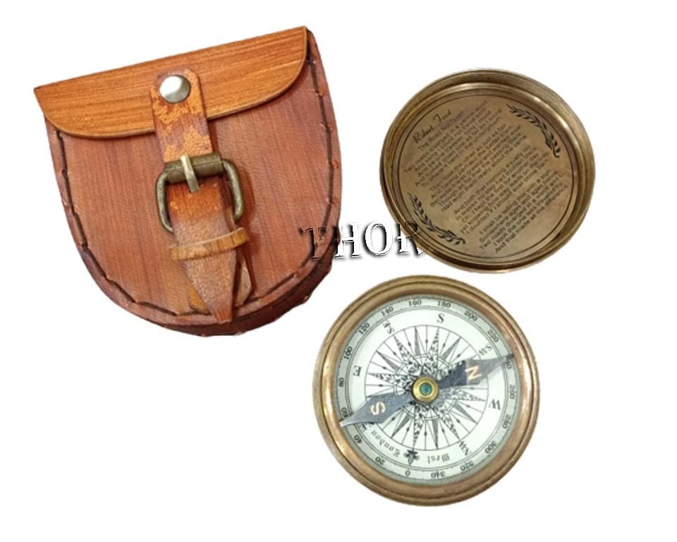 Authentic Vintage Style Brass Pocket Compass with Leather Case Rustic Vintage