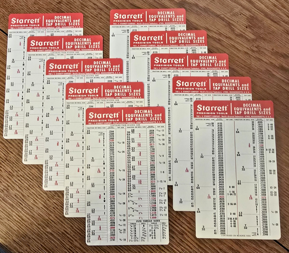 10 Pack STARRETT Tap Drill Size Chart Decimal Equivalent Pocket Cards