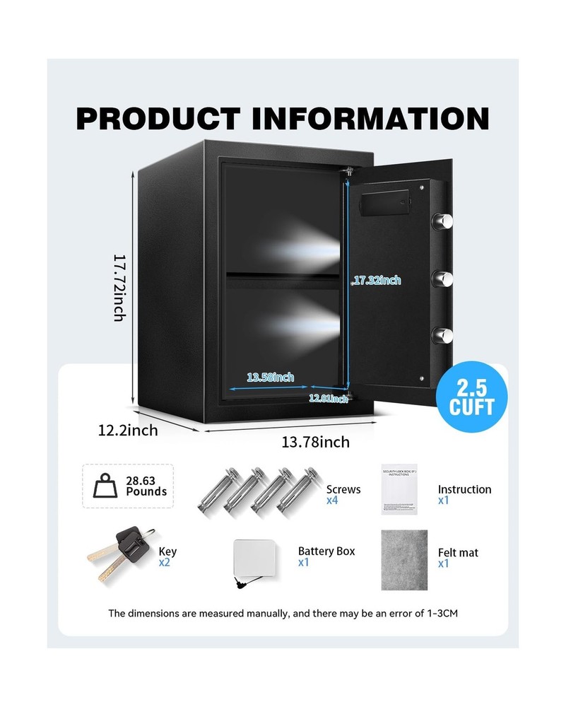 2.5 Cu Ft Large Safe Box with Fireproof Waterproof for Documents - Steel Secu...