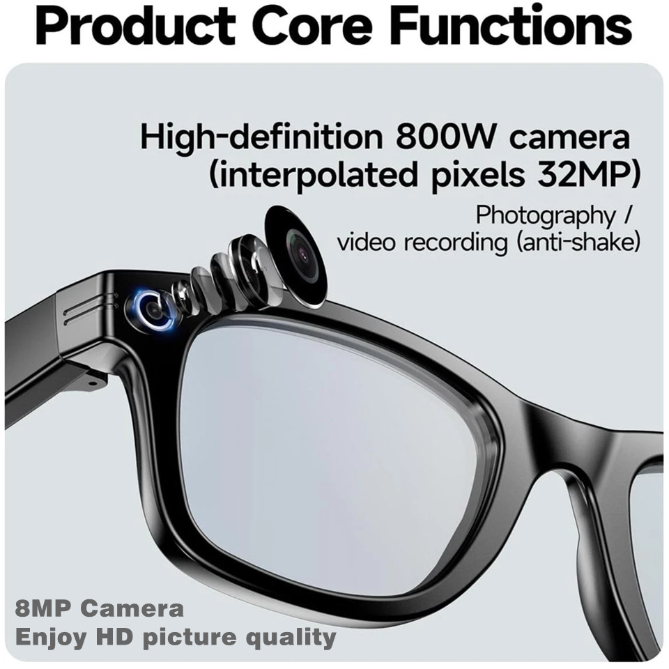 Video camera glasses with 8MP camera and bluetooth and microphone