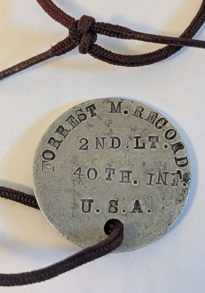 WW1 US Army Dog Tag on String - FORREST M. RECORD 2ND. LT. 40TH INF U.S.A.  XB