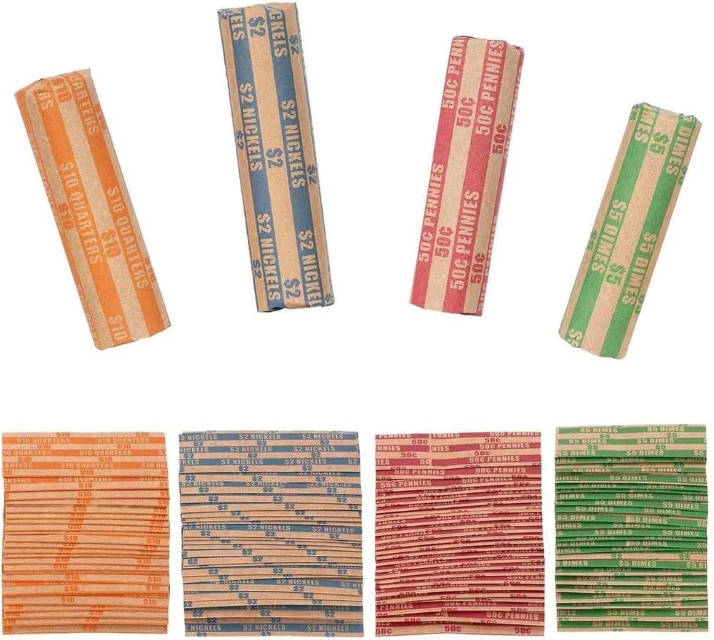 Durable Coin Roll Wraps - 100 Assorted Flat Wrappers for Easy Coin Organization
