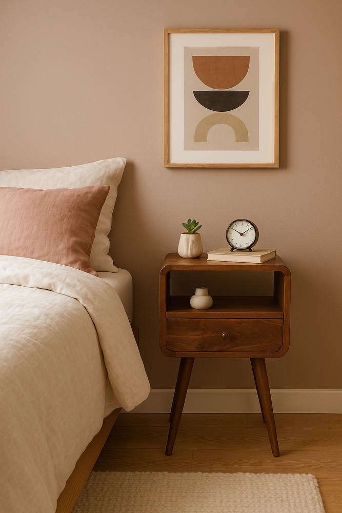 Solid Wood Mini Curve Bedside, 1-Drawer, 1 Open Slot, Chestnut, Brown