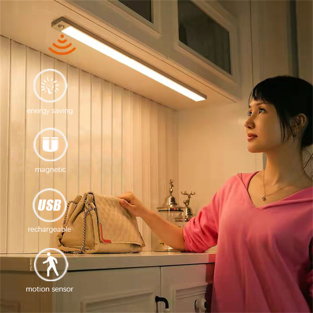 LED Motion Sensor Under Cabinet Closet Light USB Rechargeable Kitchen Lamp Strip