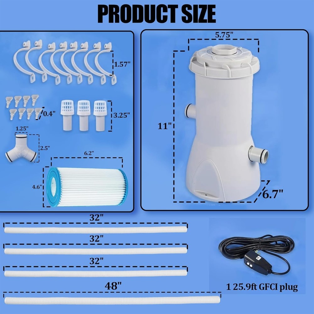 800 GPH Pool Filter Pump for Above Ground Pools, Powerful Circulation System wi