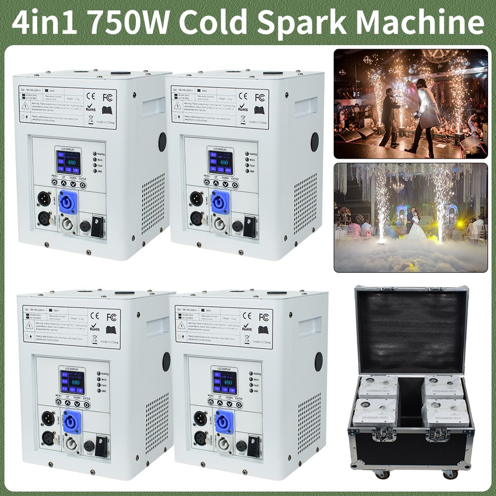 4 Pack 750W Cold Spark Machine DMX512 Sparkler Firework Machine with Flight Case