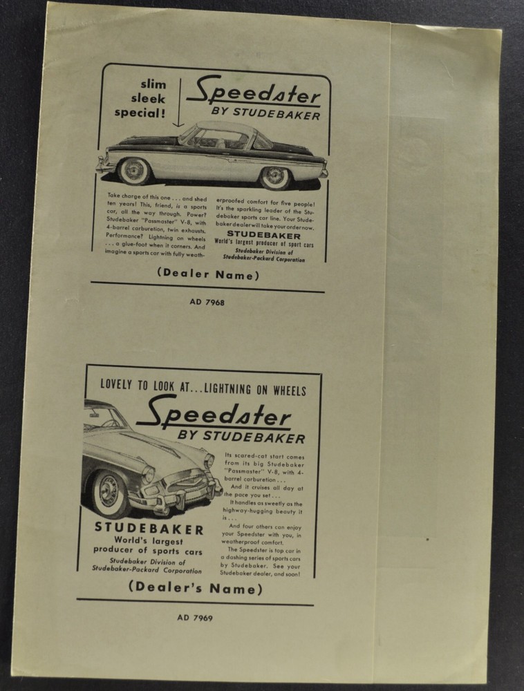 1955 Studebaker Speedster Dealer Ad Slick Sample Sheet Nice Original 55