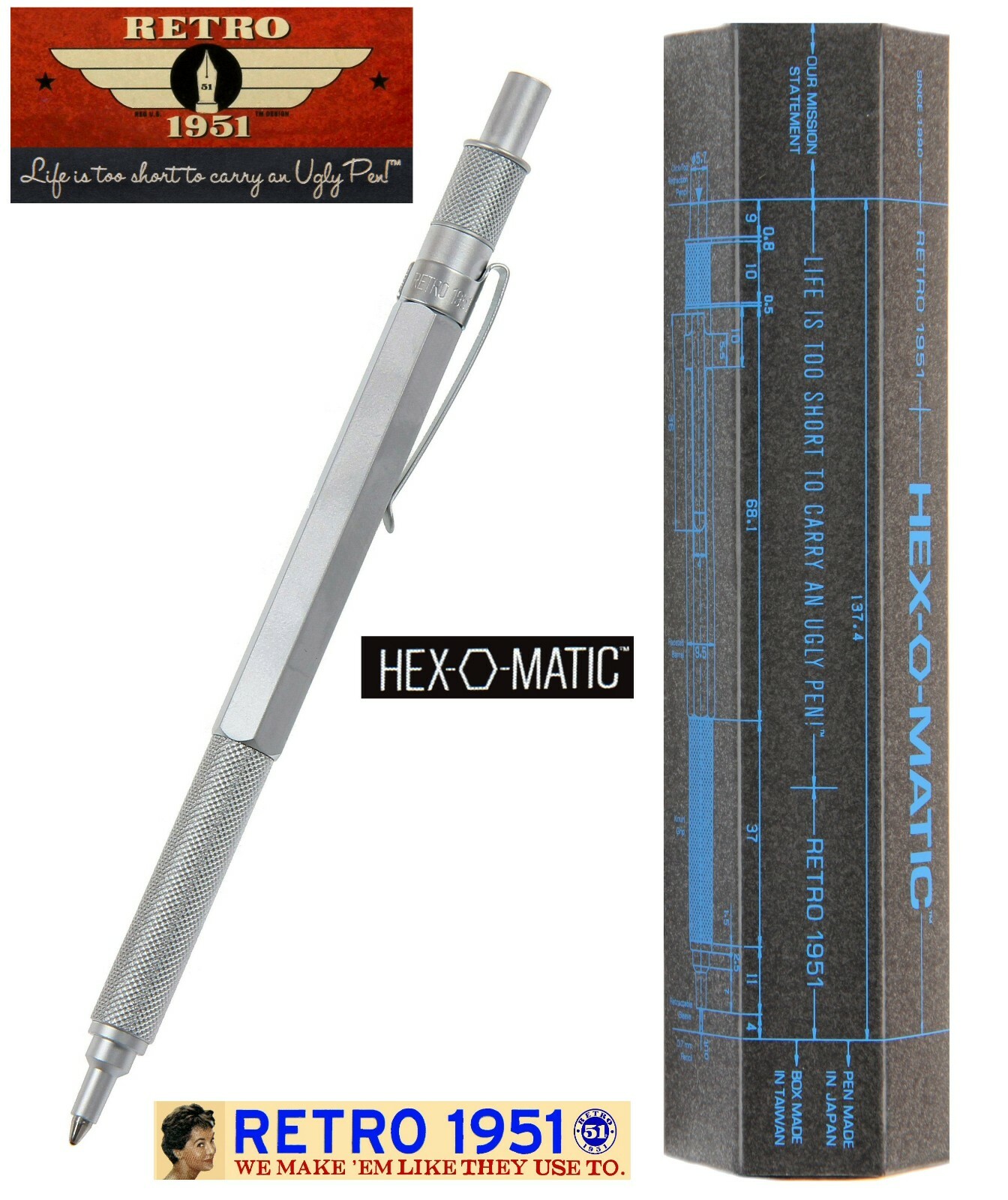 Retro 51 / Hex-o-matic Series Silver Ballpoint Pen #HEX-615BP