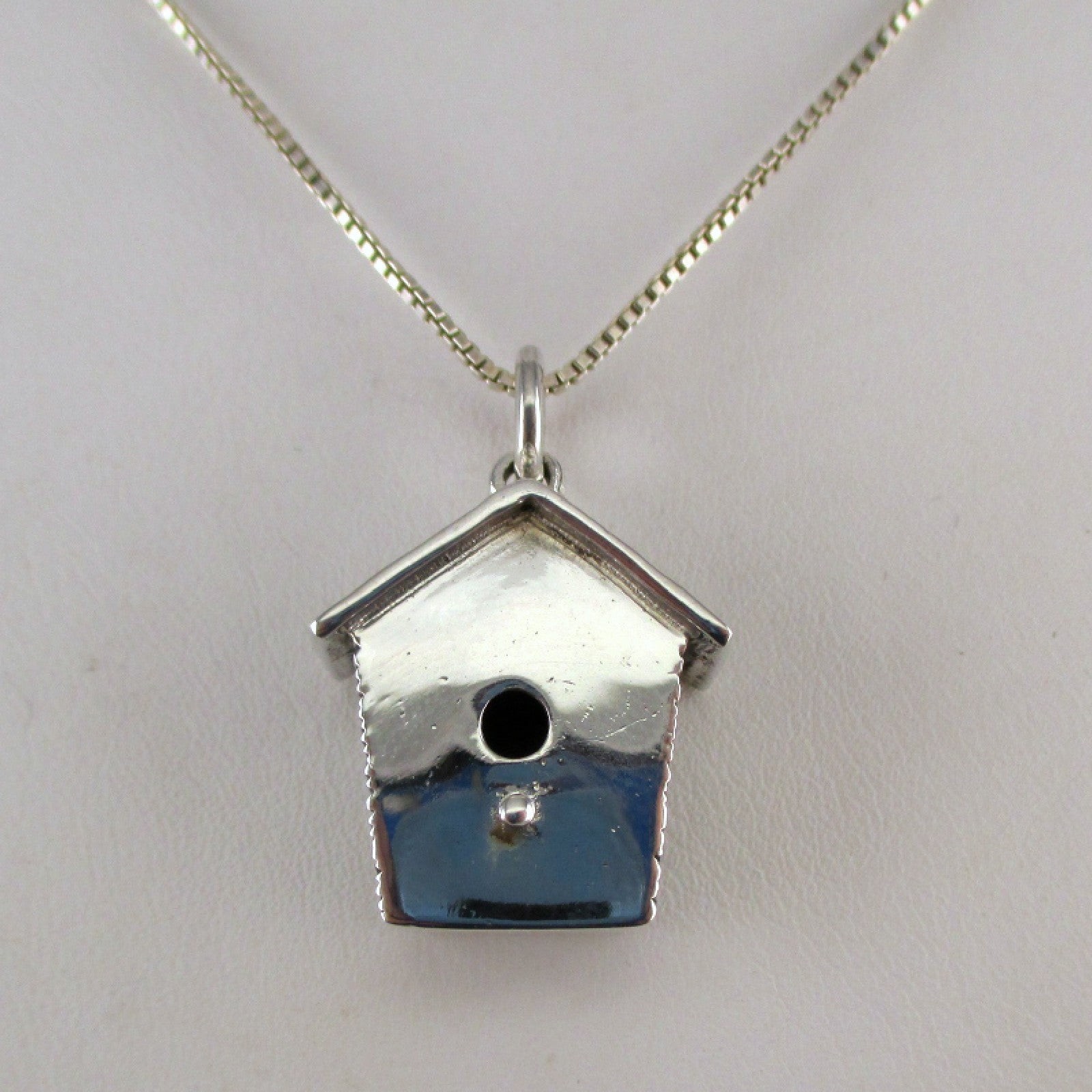 Sterling Silver Birdhouse Pendant for Necklace Large Charm Bird Bluebird