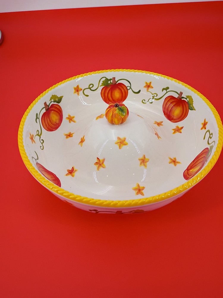 Ceramic Pumpkin Design Covered Serving Bowl 10 Inch Fall Theme