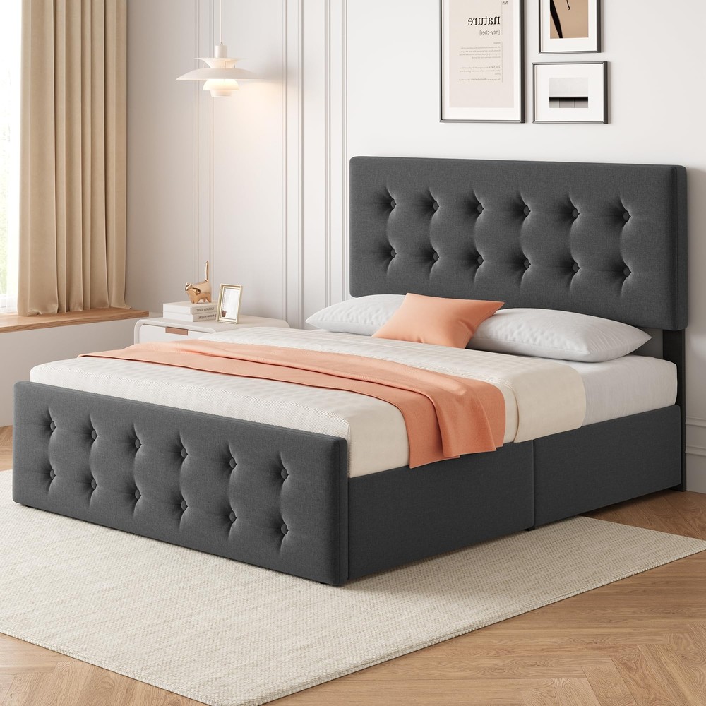 Full Size Bed Frame & Headboard Upholstered Platform w/4 Storage Drawers Modern