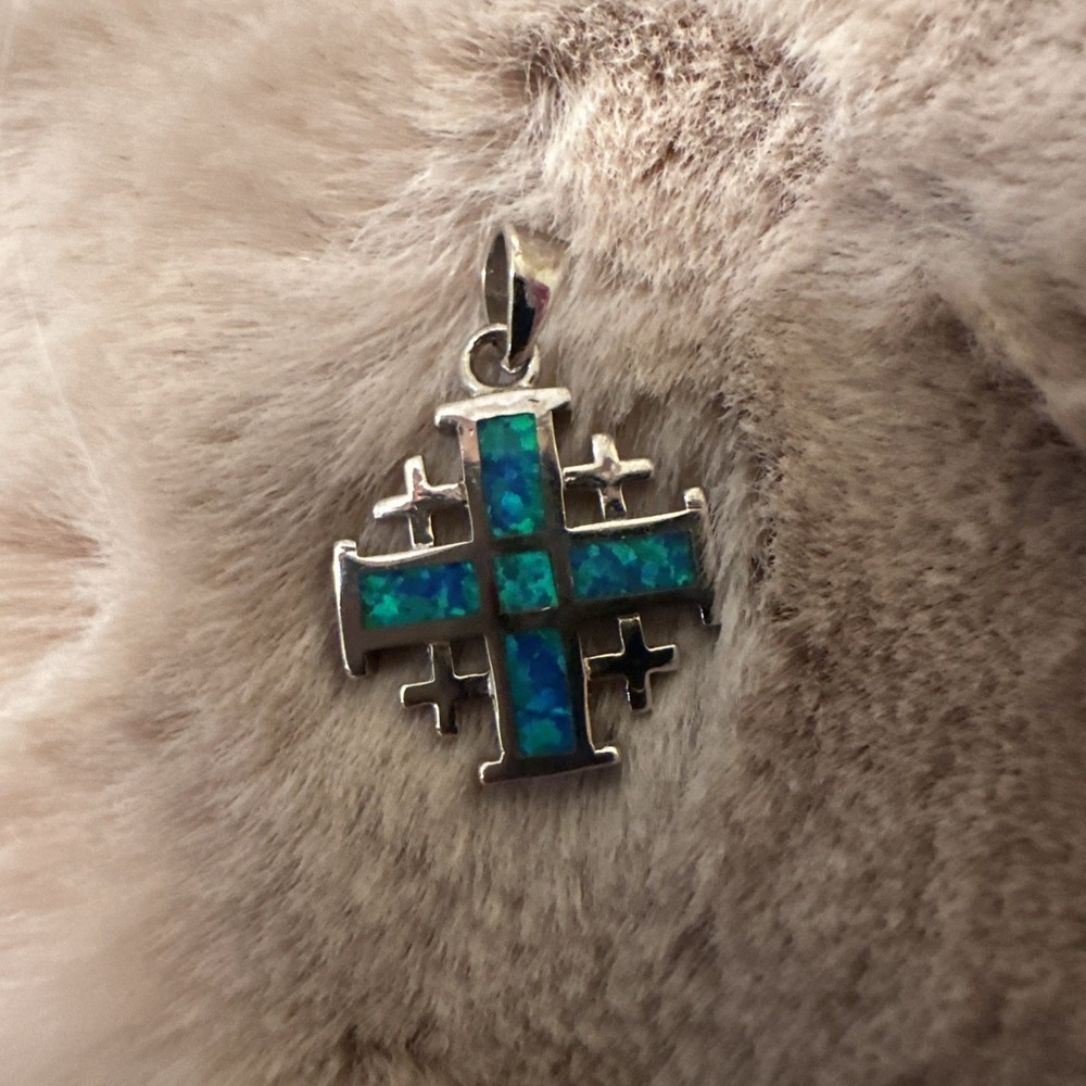 Blue Opal JERUSALEM CROSS Pendant 925 Sterling Silver