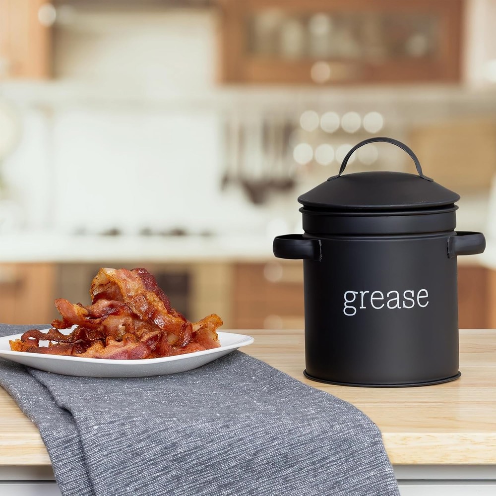 Practical Black Enamel Grease Container w/Strainer - Essential Kitchen Accessory
