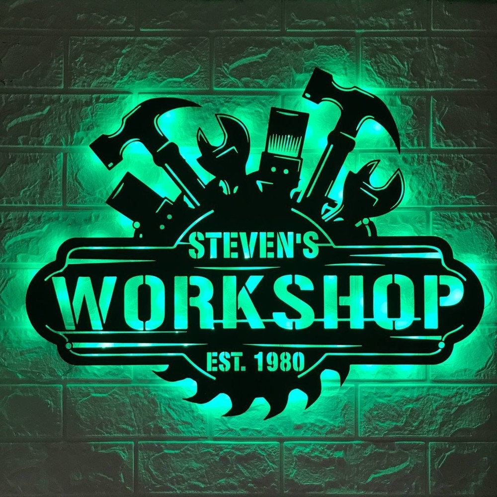 Personalized Garage Metal LED Sign, Custom Workshop Name Decor