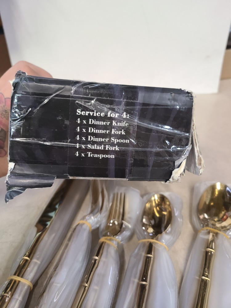Flatasy Flatware Set Gold Silverware Set with Bamboo Pattern Mirror Polished 20