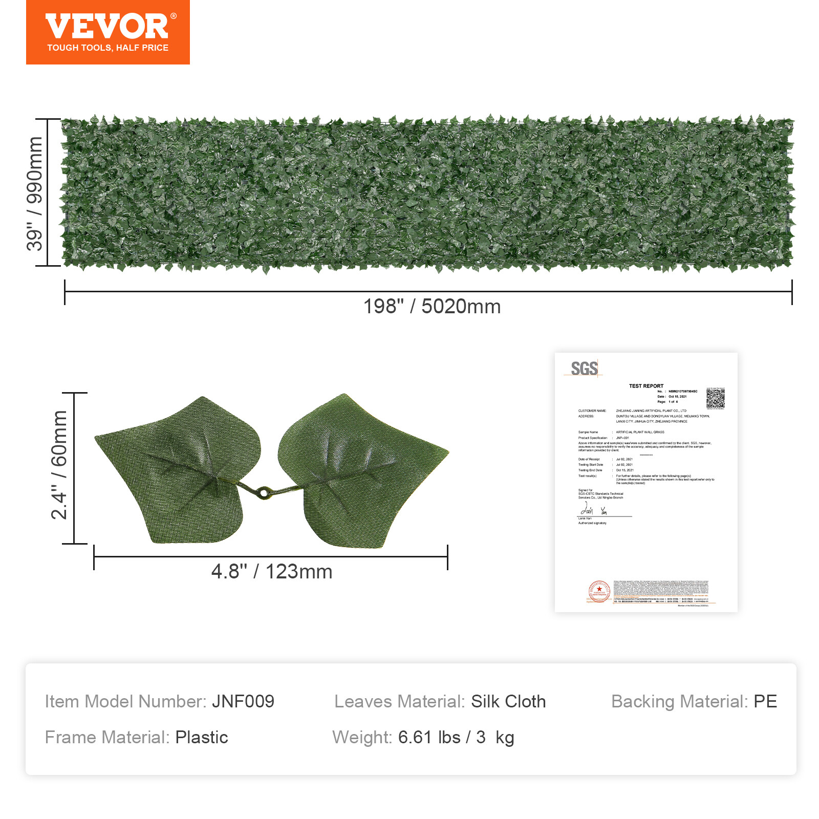 VEVOR 39x198" Artificial Faux Ivy Leaf Privacy Fence Screen w/Mesh Cloth Backing