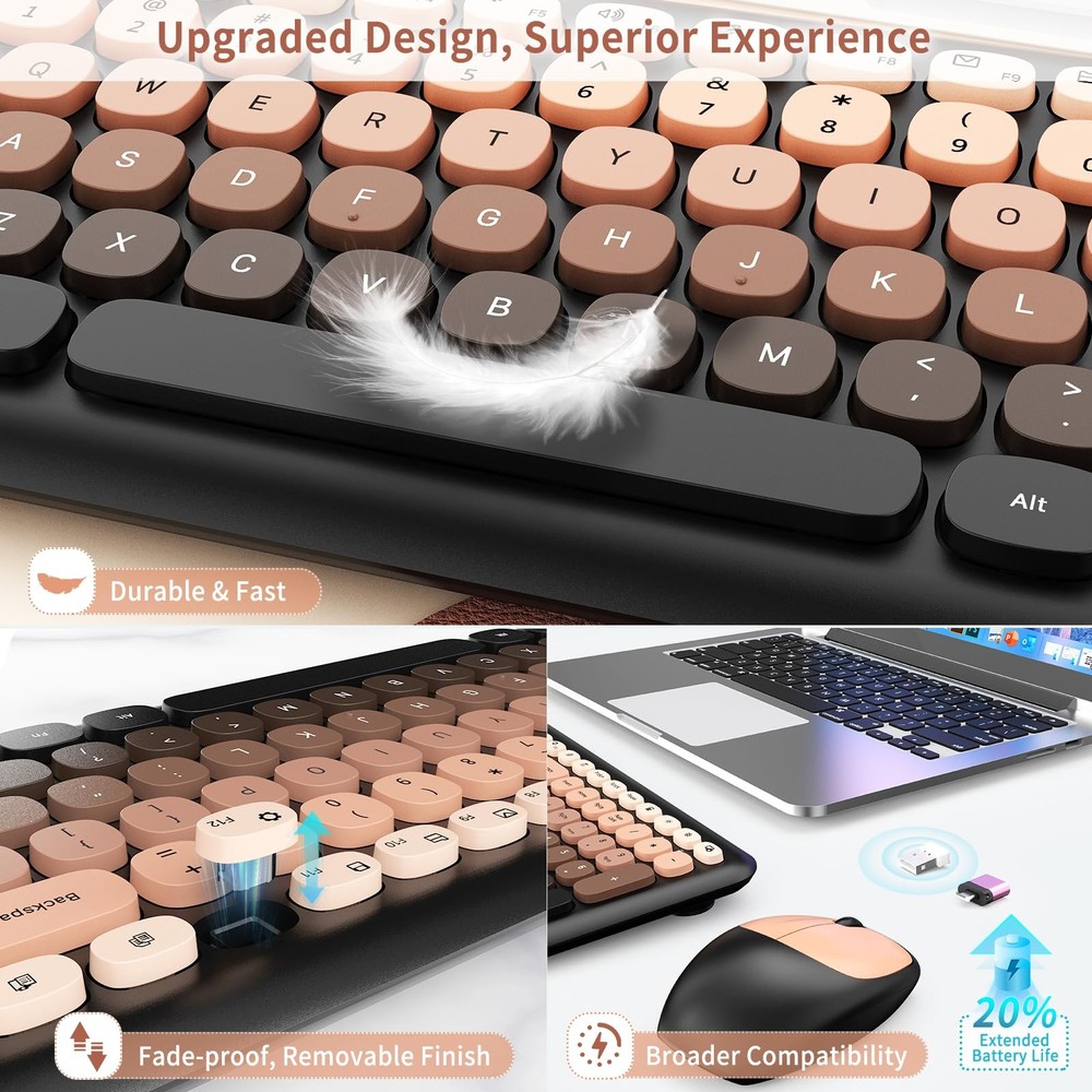 Wireless Keyboard Mouse Combo FullSize Retro Typewriter Round Keycaps Red Set