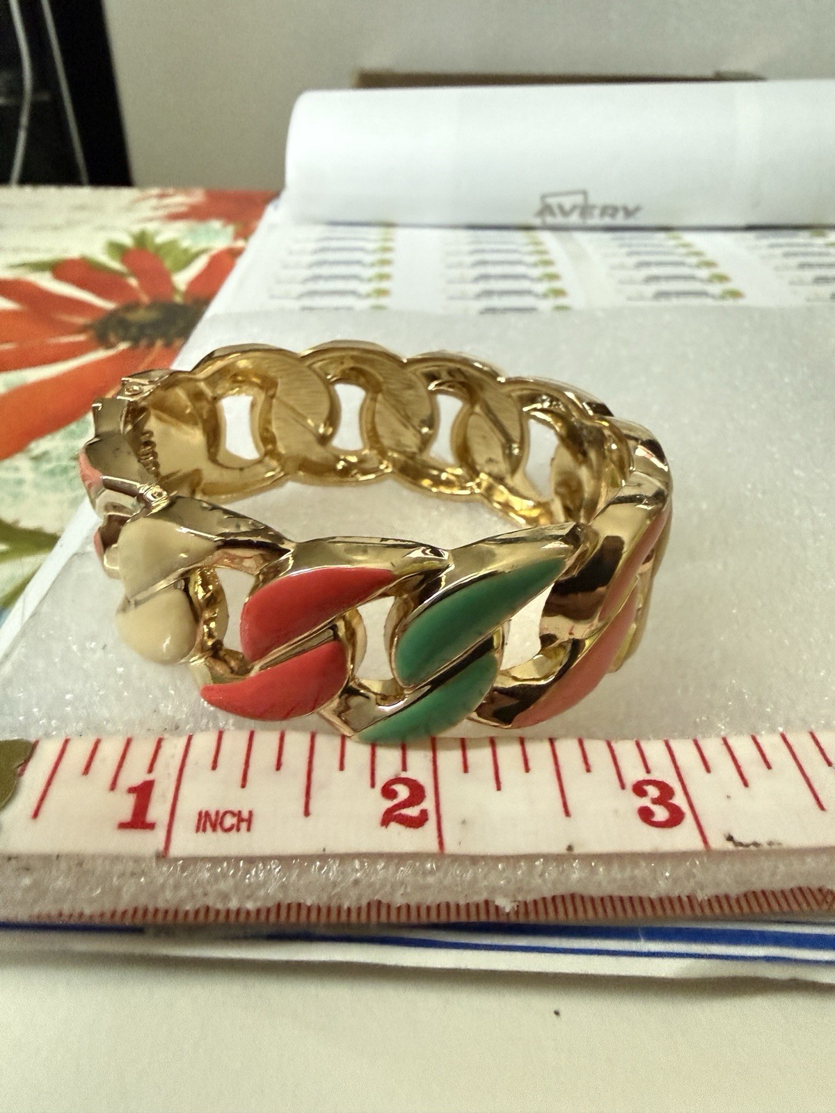 Vtg. Bracelet Gold Tone Enamel Hinged Clamp Openwork Spring colors