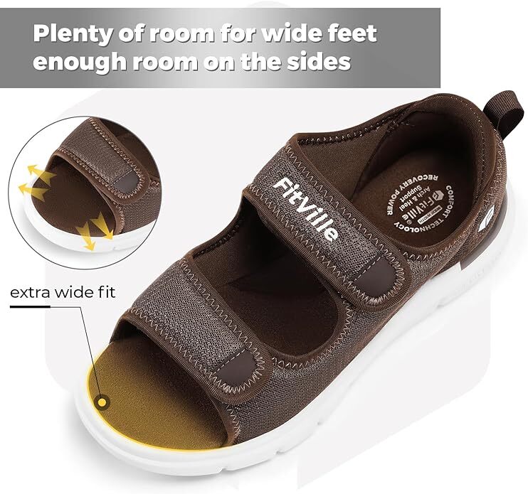 FitVille Mens Diabetic Sandals Casual Comfort Outdoor Sport Adjustable Shoes