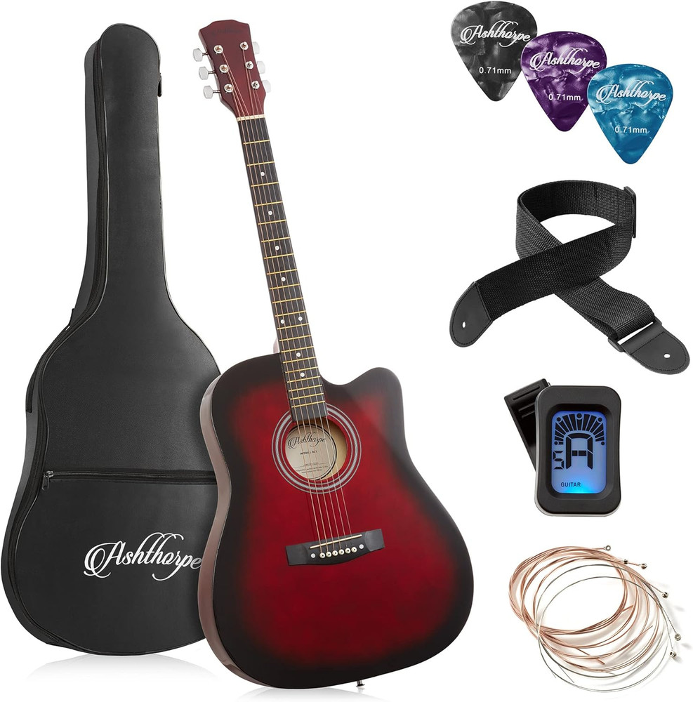 41-Inch Beginner Cutaway Acoustic Guitar Package (Red), Full Size Basic Starter