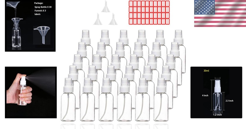 Refillable Mini 30ml Plastic Spray Bottles with Funnels & Labels - 30 Pack