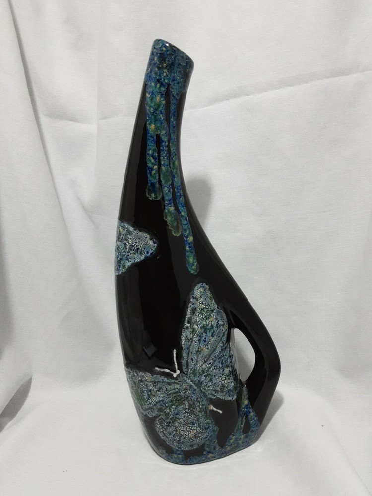 Signed Drip Pottery Pitcher With Butterflies