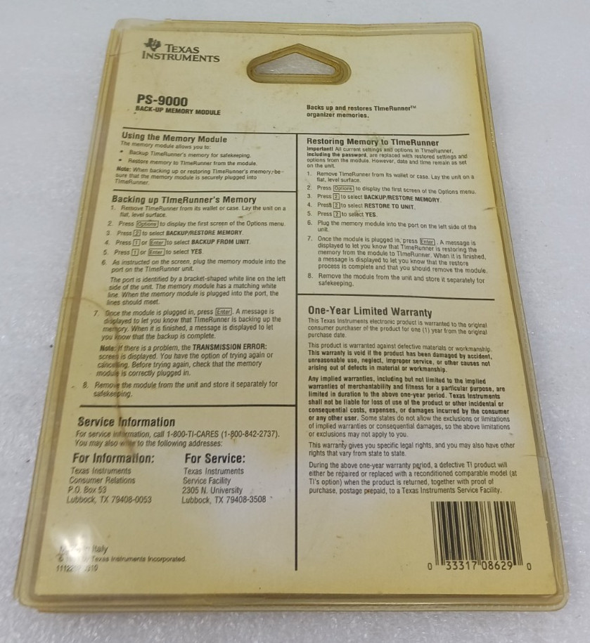 Texas Instruments PS-9000 Back Up Memory Storage For TimeRunner Organizers