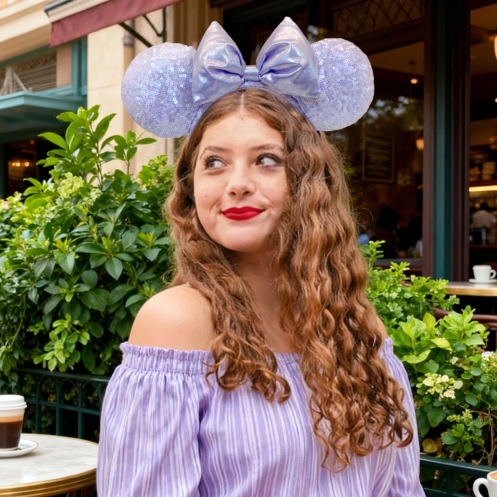 Disney-Parks Purple Lavender Sequin Minnie Mouse Ears Headband Iridescent Bow