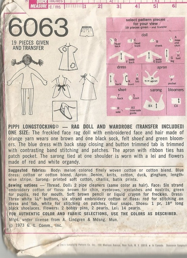 6063 Simplicity Sewing Pattern Pippi Longstocking Doll Vintage 1970s