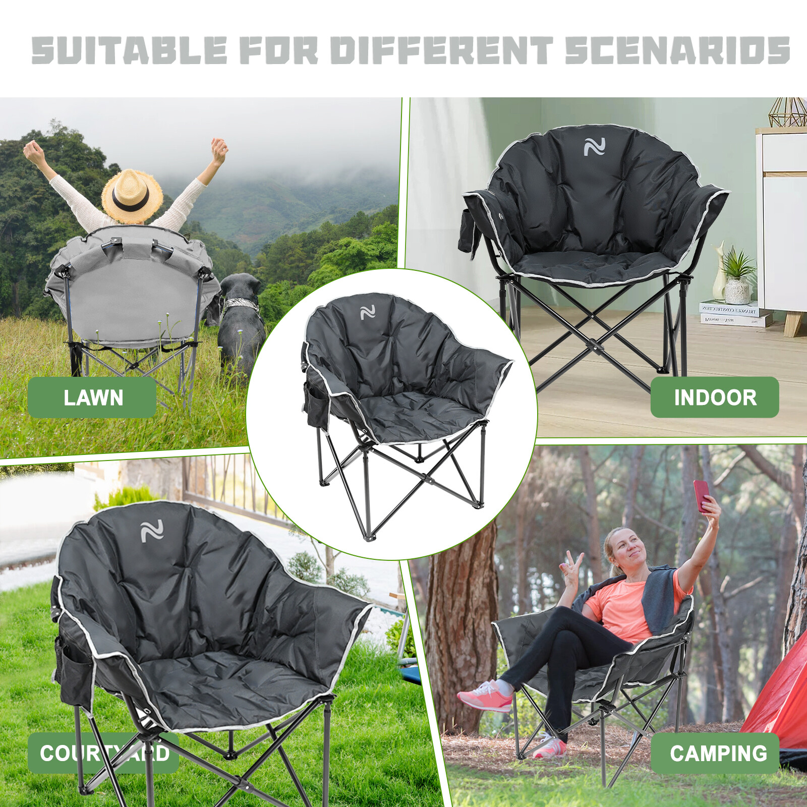 Oversized Heavy-Duty Club Folding Camping Chair w/ Pocket Moon, Round, Saucer