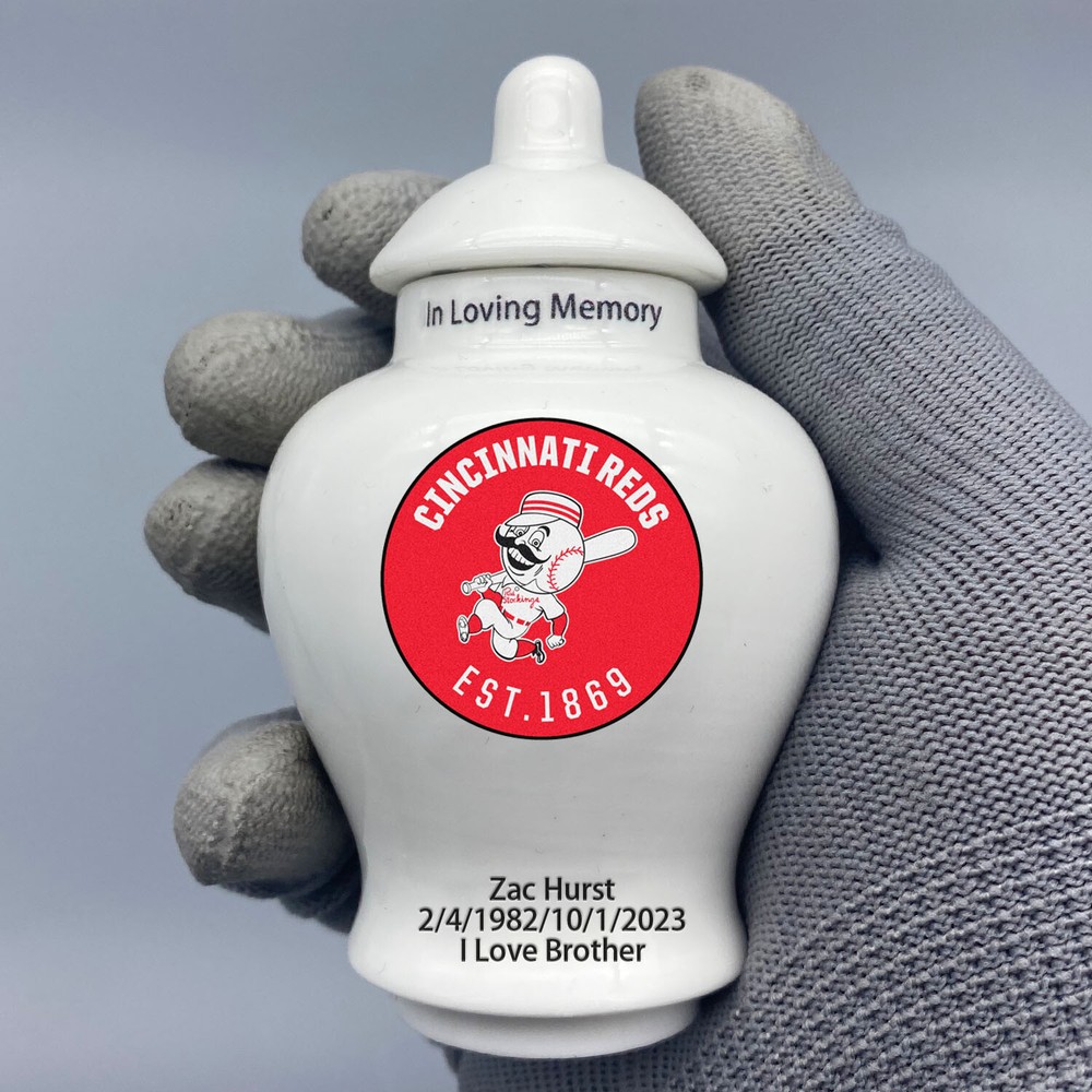Ceramic Mini Urn for Cincinnati Reds Baseball Theme, Custom Text & Number