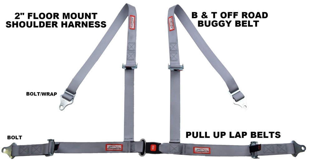 GREY 4 POINT SEAT BELT 2" HARNESS PULL UP LAP BELTS FLOOR MOUNT PUSH BUTTON