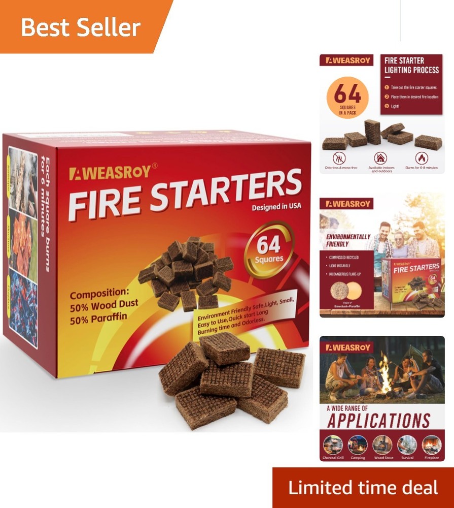 64 Safe Fire Starter Blocks - Easy, Odorless Fire Ignition for Fireplace & Grill