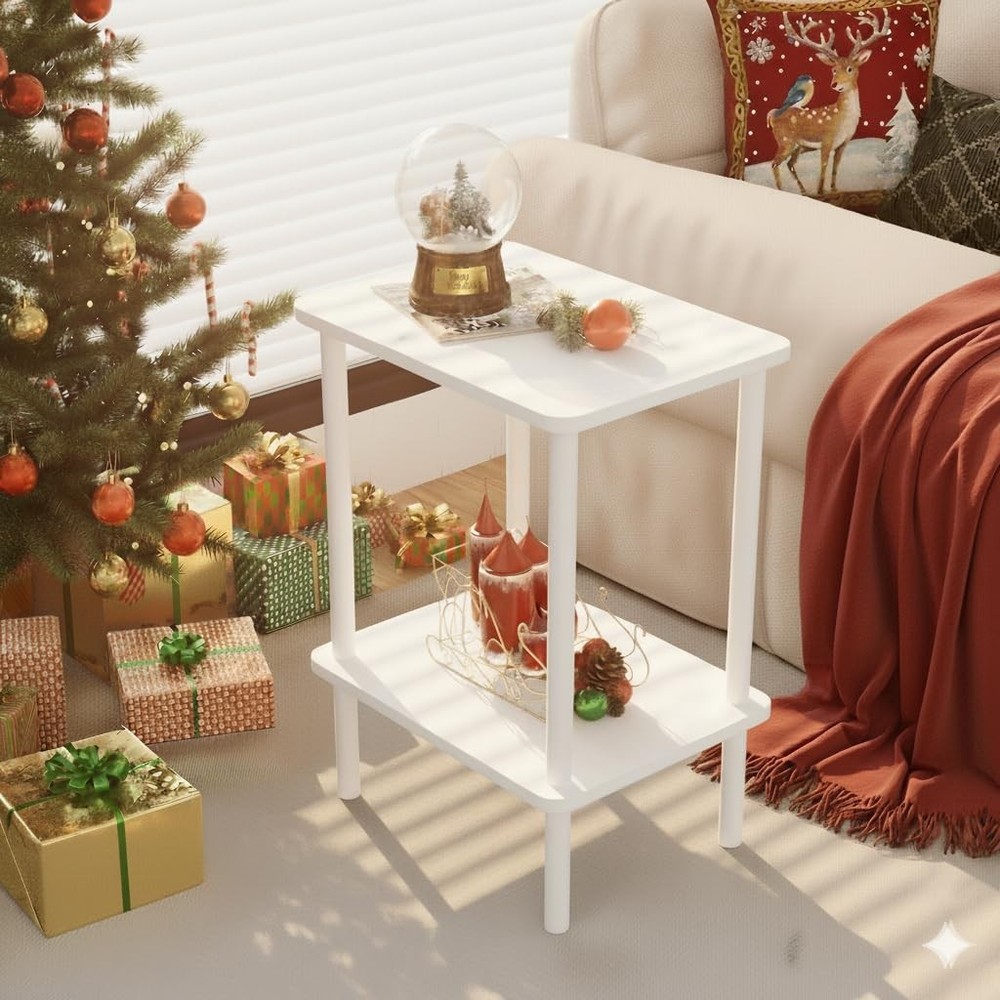 2 Tier End Table, Small Side Table with Solid Wood Legs, Boho Bedside Table w...