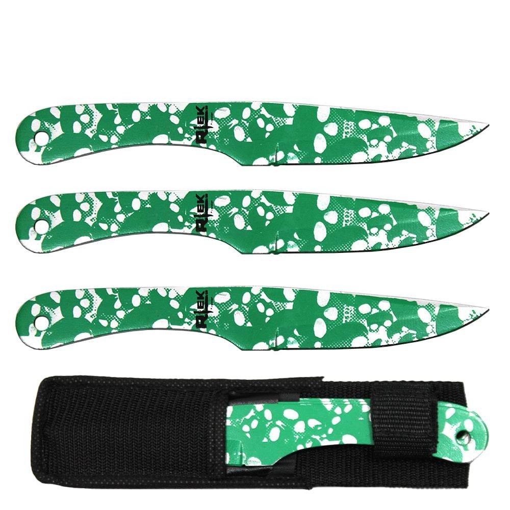 8" Green 3pcs Skull Print Throwing Knife Set with Sheath