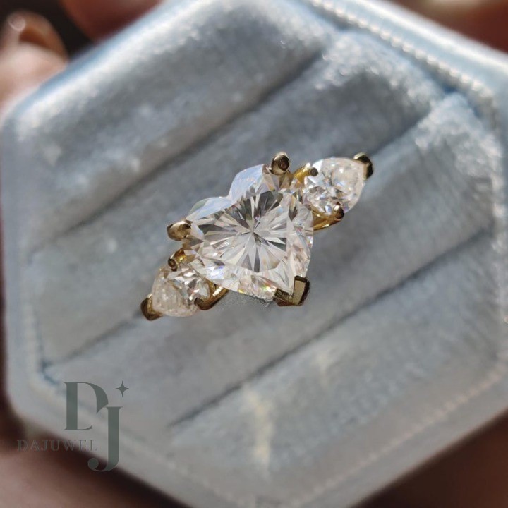 Moissanite Three Stone Engagement Ring Solid 14K Yellow Gold Heart Cut 2.70 CT