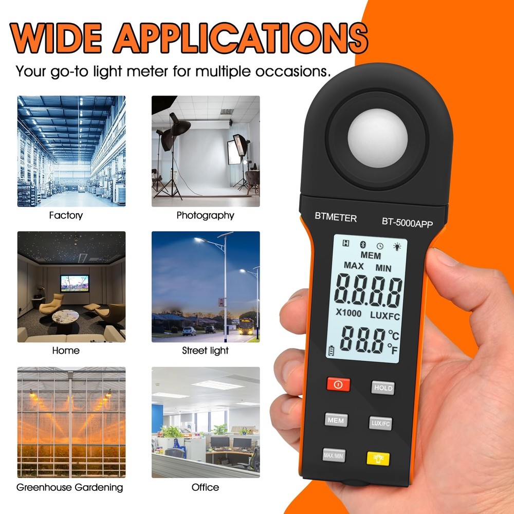 BTMETER Illuminance Light Meter w/Bluetooth - Digital Lumen Tester Measure Li...