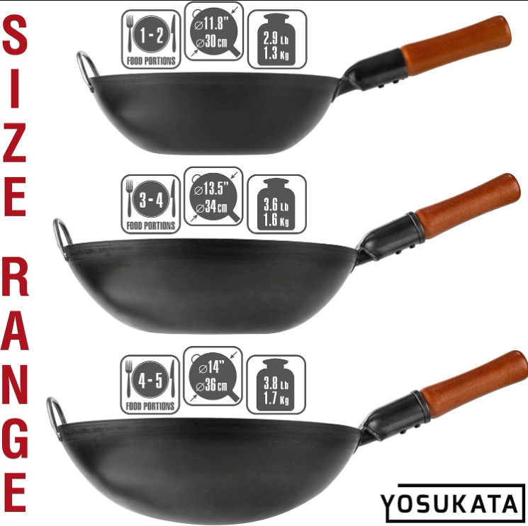NEW - YOSUKATA 13.5" Carbon Steel Wok Pan, Flat Bottom Pow Wok