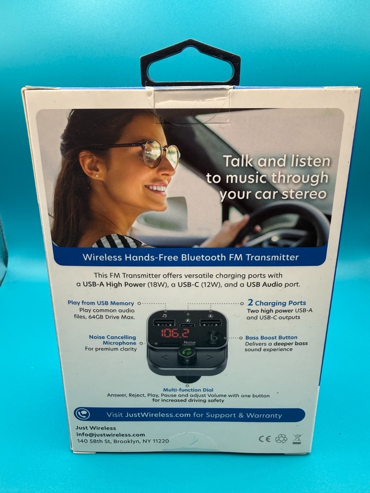 Just Wireless FM Transmitter with USB-C and USB-A Charging Port - Black