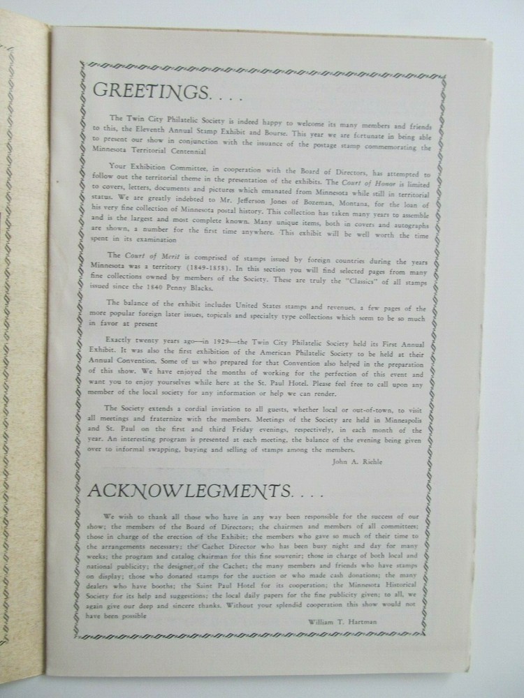 Vintage 1949 Minnesota Territorial Centennial Stamp Catalog Exhibition Program