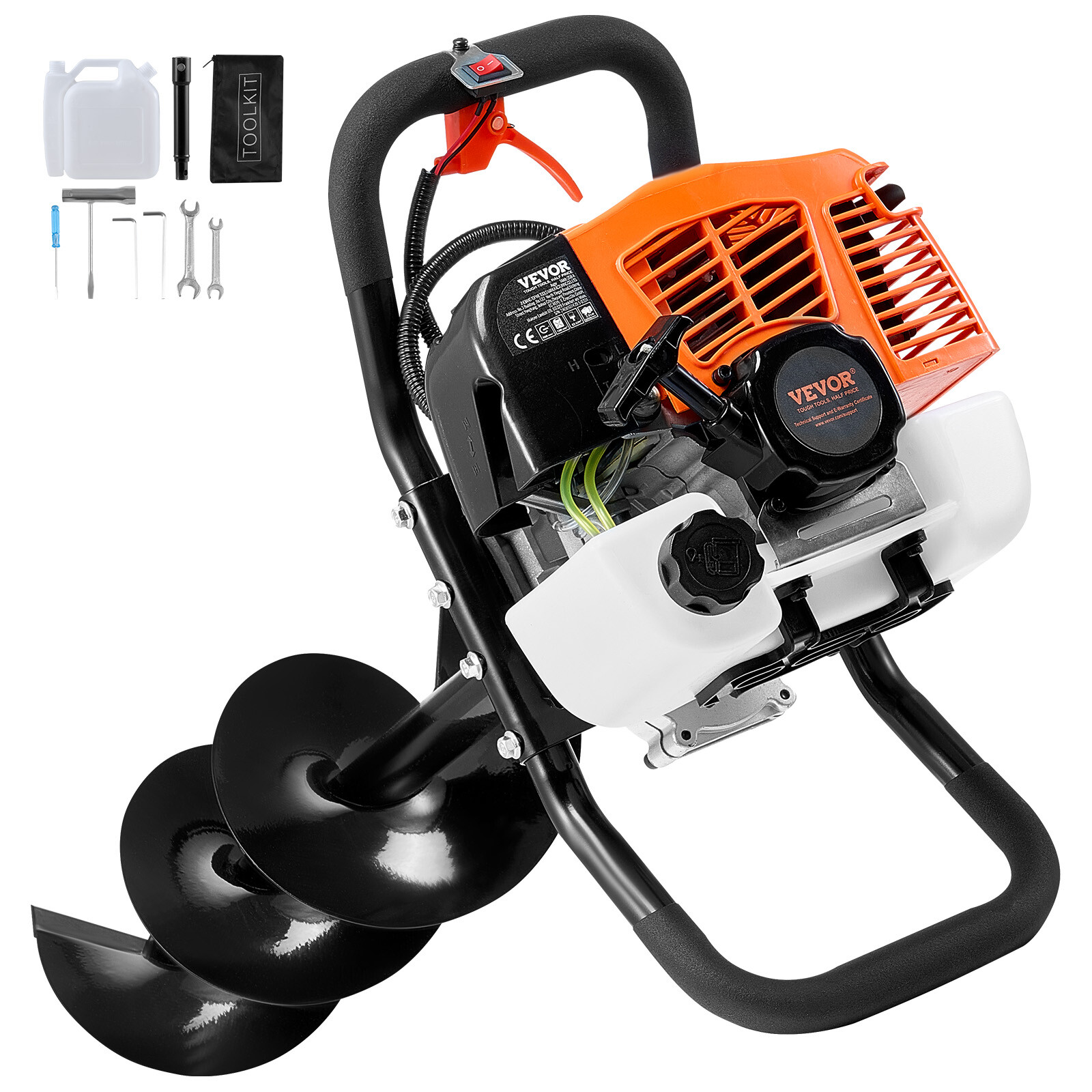 Gas Post Hole Digger 63CC 2400W with 8” Drill Bits & 1 Extension Rod