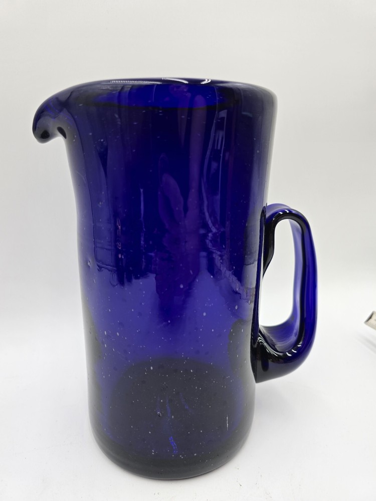Hand Blown Cobalt Blue Glass Pitcher 9”