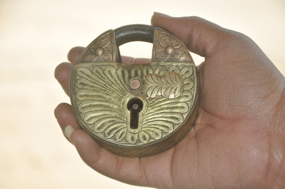 Vintage Iron Round Engraved Handcrafted Brass Fitted Solid Padlock