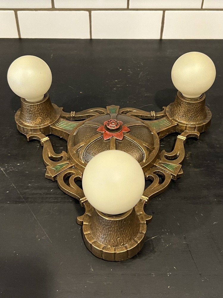 Nice Antique Three Socket Flush Mount Fixture Great 62B