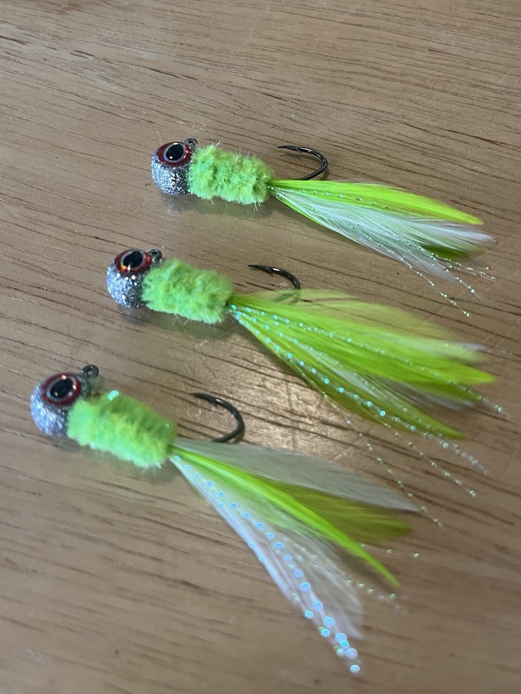 Three hand tied 1/8 crappie jigs