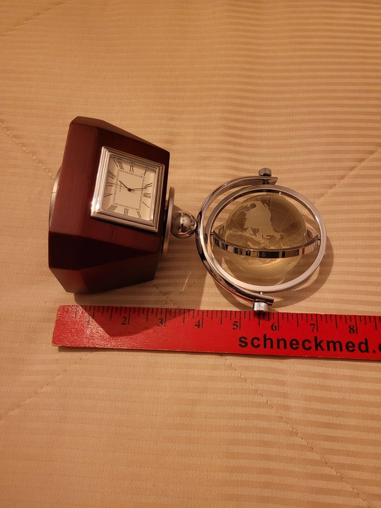 CRYSTAL GLOBE WITH ANALOG CLOCK IN WOOD BASE