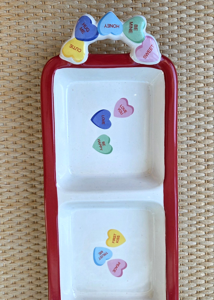 Valentine Conversation Heart Candy 3 Compartment Dish Tray Ceramic 14.5" EUC