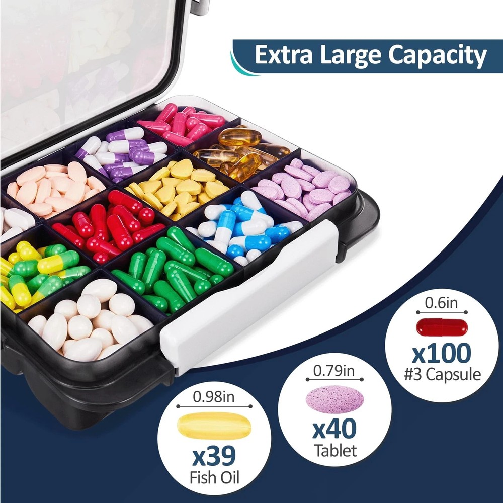 Travel Moisture Proof Pill Case with 12 Extra Large Compartment