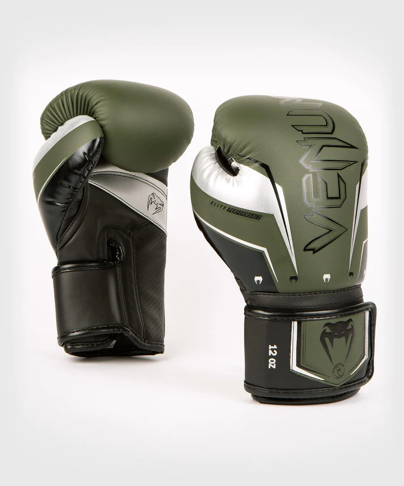 Venum Elite Evo Hook and Loop Boxing Gloves - Khaki/Silver